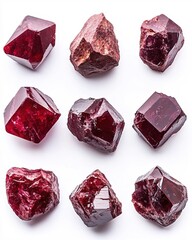 Poster - Nine red crystal stones with geometric shapes on a white background mineral specimen collection