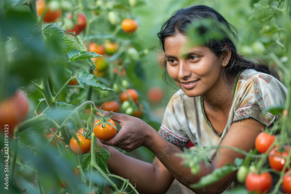 young Indian woman farmer picking tomatoes from tomato farm Stock Photo ...