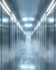 Poster - Futuristic corridor with fog and bright lights leading to a distant glowing doorway