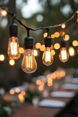 Poster - Warm glow of string lights illuminates an outdoor table setting with blurred bokeh effect