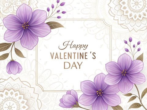 Romantic “Happy Valentine’s Day” greeting card template with vibrant purple flower isolated on white background
