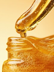 Poster - Golden liquid dripping from pipette into glass jar with bubbles on a light orange background