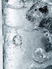 Poster - Sparkling water with ice bubbles and condensation in a glass close up macro shot