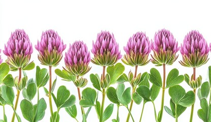 Wall Mural - Vibrant pink clover blossoms with green foliage arranged in a horizontal row against a clean white background. The image features a detailed close up