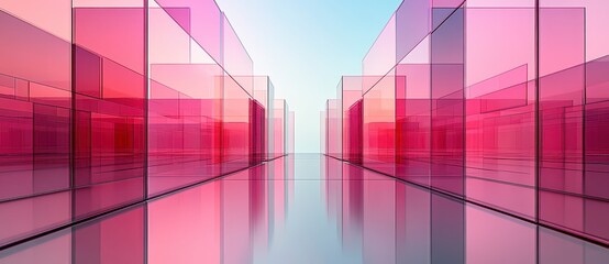 Poster - Abstract image of a pathway lined with translucent pink glass blocks reflecting light, creating a modern and sleek aesthetic. The perspective leads