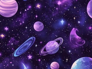 Poster - Purple galaxy pattern with planets, stars, and nebulae.