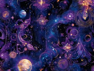 Poster - Cosmic swirls, planets, and floral patterns in vibrant purple and gold hues against a dark background.