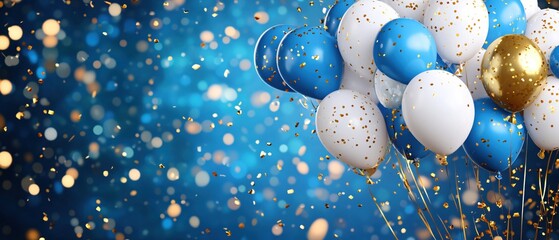 Poster - Festive Balloons Floating with Golden Confetti on a Blue Background for Celebration
