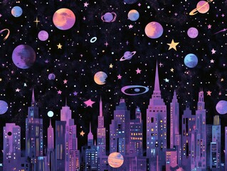 Poster - Night cityscape with colorful planets and stars.