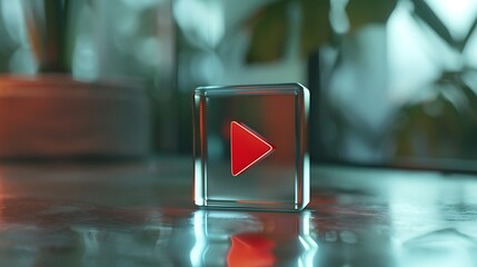 Poster - Red play button inside glass cube with glowing reflection for digital media streaming technology visual communication entertainment interface innovation display design concept .