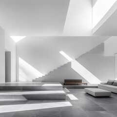 Poster - Minimalist interior with white walls and gray floor and staircase with natural light entering