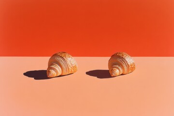 Two croissants casting shadows on orange background