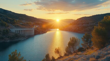 Wall Mural - Sunset over a serene reservoir with a dam.