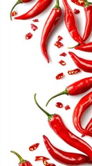 Poster - Vibrant red chili peppers scattered on a white background, creating a visually appealing and spicy composition. Close up view highlighting the glossy