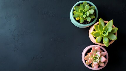 Wall Mural - Colorful succulents in pots on dark background, home decor, copy space