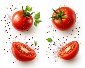 Wall Mural - Vibrant red tomatoes, whole and halved, displayed against a white background with scattered peppercorns and parsley. High quality, appetizing image