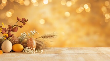 Wall Mural - Easter Decor with Eggs and Flowers on Wooden Table Against Golden Bokeh Background