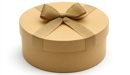 Canvas Print - Round kraft paper gift box with gold glitter ribbon and bow, isolated on white background. Perfect for presents and celebrations