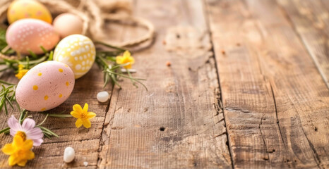 Wall Mural - Easter Eggs on Wooden Table Surrounded by Rustic Flowers and Natural Elements