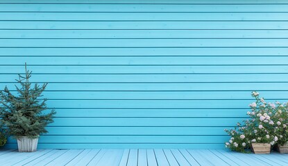 Wall Mural - Light blue wooden wall background with potted plants. Two plants flank a pale blue wood plank wall. Rustic, minimalist, and serene