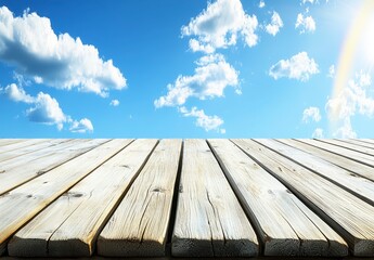 Sticker - Wooden planks tabletop against a vibrant blue sky with fluffy white clouds and a partial rainbow. Perfect for product displays or summer themes