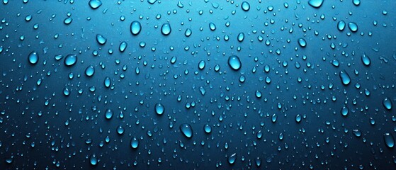 Poster - Water droplets on blue surface creating a clean and refreshing abstract background texture