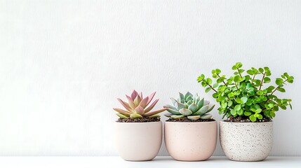 Wall Mural - Three succulents in pots against a white wall; home decor