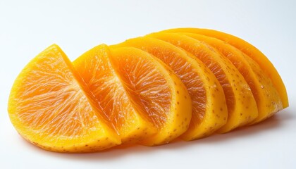 Wall Mural - Close up view of seven vibrant yellow citrus fruit slices arranged on a white background. The slices are glistening and appear juicy, possibly