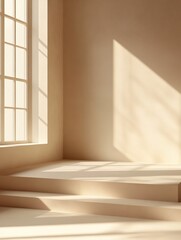 Poster - Minimalist interior with window light casting shadows on steps and wall in soft beige tones