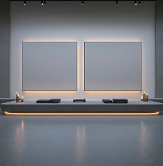 Wall Mural - Two blank canvases illuminate a sleek, minimalist gallery interior. Warm lighting accents a low concrete platform, creating a modern and serene