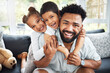 © Allistair F/peopleimages.com - Father, children and hug portrait in home, love and laughing together for bonding connection. Happiness, dad and kids embrace for support in living room, fun playing and weekend games for trust