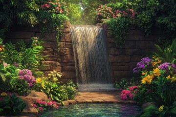 Wall Mural - Tranquil waterfall garden oasis, lush plants, sunlit, serene background, ideal for relaxation themes