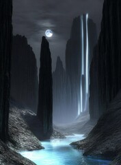 Wall Mural - Moonlit canyon with glowing waterfalls and stream.