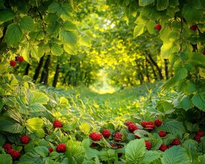 Poster - Lush green forest path with red berries scattered on the ground, sunlight filtering through leaves creating a magical atmosphere. Vibrant colors and