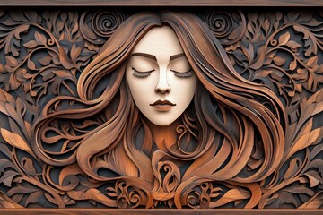 Wall Mural - Wooden carving, serene woman, floral frame, art deco style, home decor