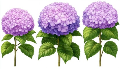 Poster - Three purple hydrangeas of varying sizes, detailed illustration against a white background. The flowers are a delicate lilac and purple, with lush