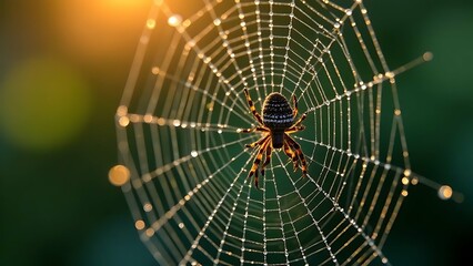 Blurred silhouette of a spider in a web on a blurred natural green background. Selective focus. High quality photo, sunset