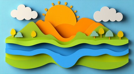 Poster - Layered papercraft landscape depicting a sun setting behind orange and green hills, a blue river meandering through a green valley, and fluffy white