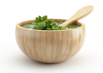 Wall Mural - A wooden bowl of green soup garnished with fresh herbs, a wooden spoon rests on the rim, isolated on a white background. The image is brightly lit