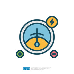 Poster - A colorful graphic depicting a gauge with a central dial, plus and minus symbols, and a lightning bolt, suggesting a measurement of energy or electrical charge.