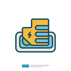 Poster - This image features a stylized depiction of a battery with a lightning bolt symbol, placed on a tray, suggesting themes of energy or power management.