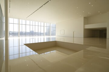 Poster - Spacious modern gallery with large windows and a pit in the floor and light beige walls