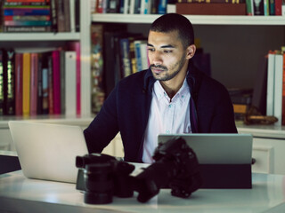 Poster - Laptop, videographer and business man in home office for video editing, remote work or creative project. Technology, photographer and freelancer on post production software or content creation online