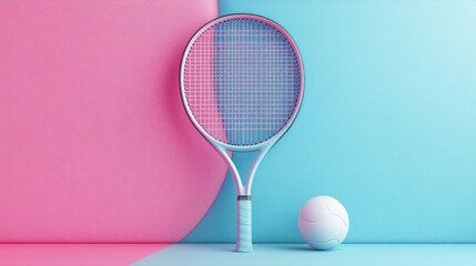 Wall Mural - Pastel pink and blue tennis racket and ball.