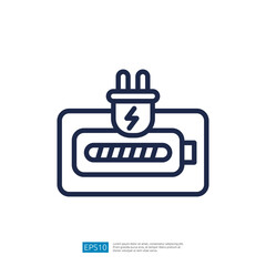 Poster - The image depicts a simple line drawing of a battery symbol connected to a plug, representing charging or power supply.