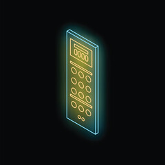 Poster - Glowing neon remote control with buttons is isolated on this black background, shown in isometric view
