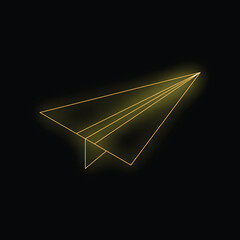 Poster - Yellow neon paper plane flying on a black background, simple concept for business, travel or message