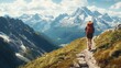 © Vdo - A Hiker Walking a Mountain Trail With a View of Snow-Capped Peaks