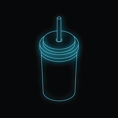 Wall Mural - Neon glowing icon of soda in disposable cup with straw, isometric view on black background