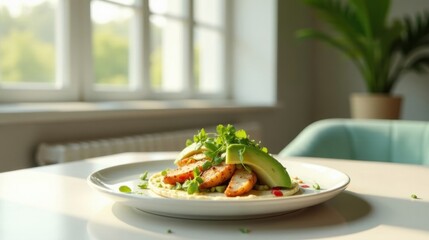 Wall Mural - A Healthy and Delicious Avocado and Herb Flatbread Meal on a White Plate in a Bright Room